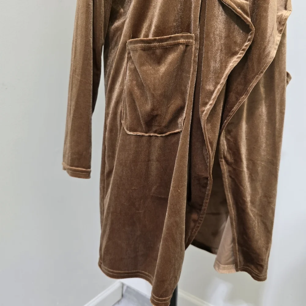 HIPSTER ROW size XL Draping Open Front Velour Cardigan Front Patch Pockets Brown